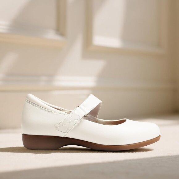 Dream Pairs Women's White Leather Ankle Strap and Arch Support Ballet Flats - Picture 2 of 8